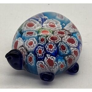 Art Glass Turtle Paperweight Figurine Millefiori Blue Green Red Flowers